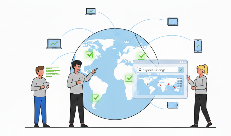 Proberix dashboard showing keyword validation, DOM checks, and global regions
