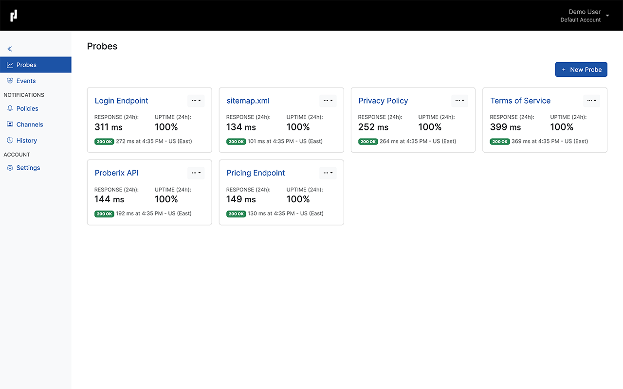 Proberix dashboard showing probes with response times and 24-hour uptime.