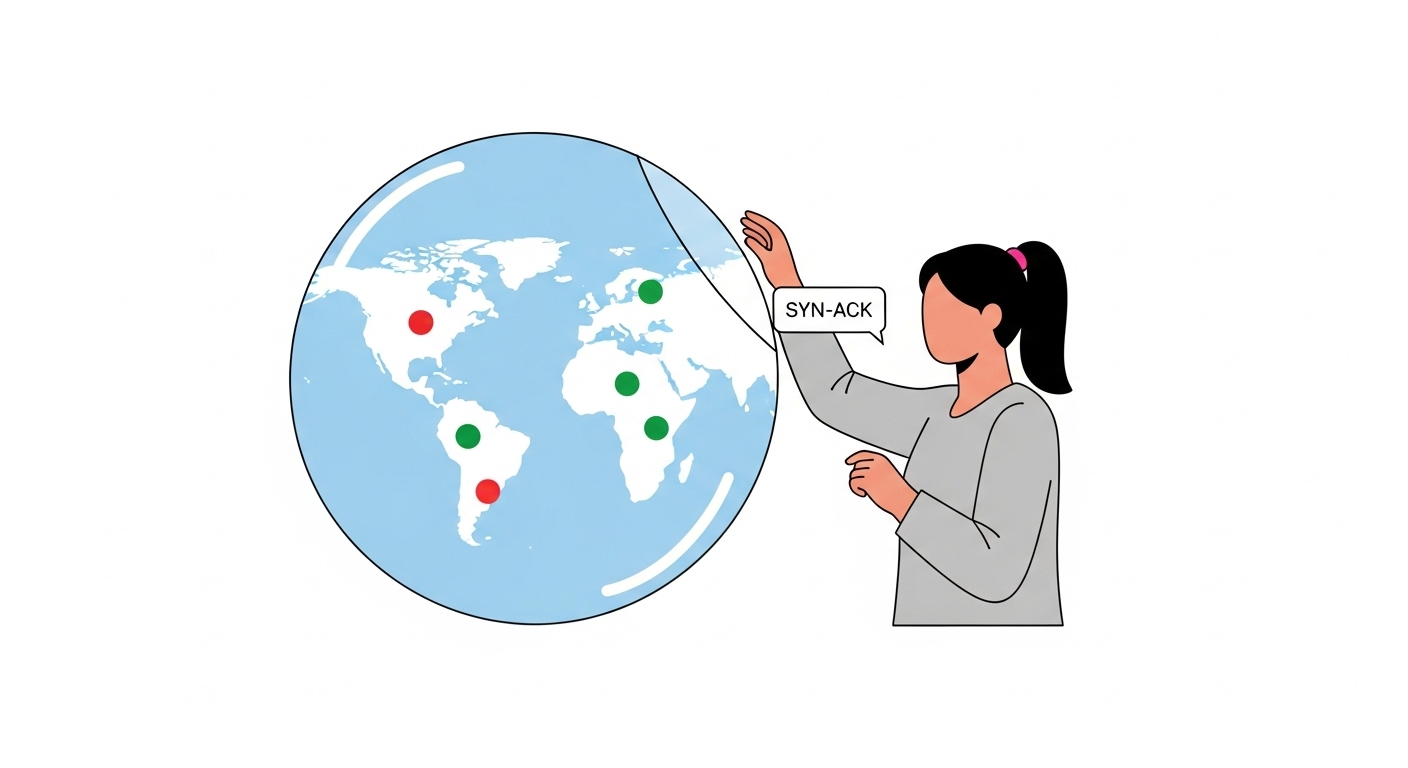 Engineer illustrating TCP SYN-ACK handshake and global uptime checks on multiple server locations
